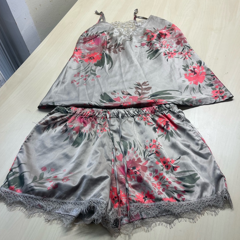 Secret Possessions Pink and Gray Lace Trim Pajama Set